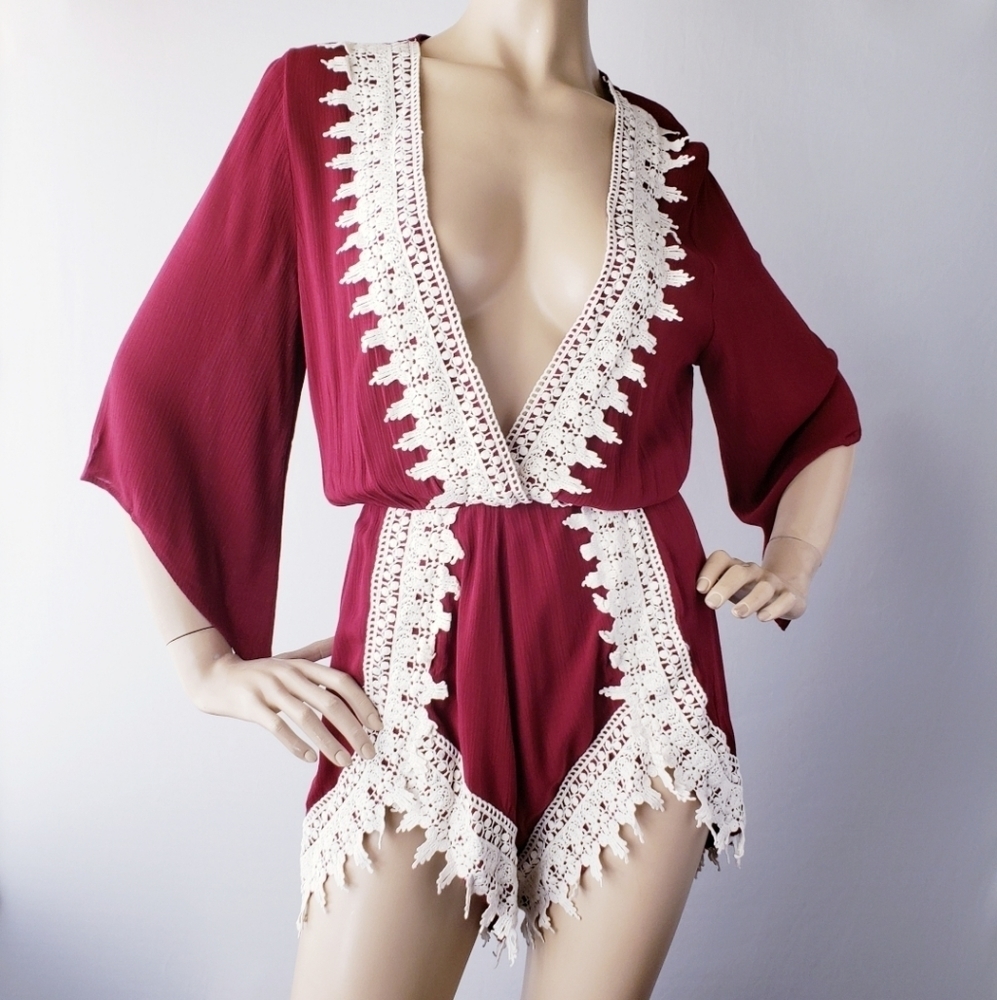 Letté Red & Off White Lace Deep V-Neck Romper